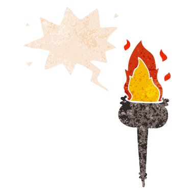 retro dokulu stil karikatür yanan kadeh ve konuşma balonu