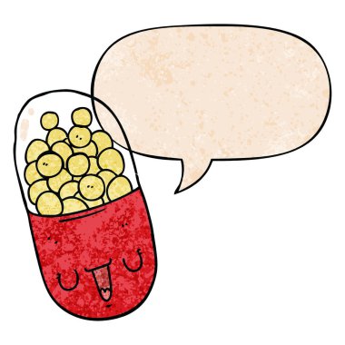 retro doku tarzıkarikatür tıbbi hap ve konuşma balonu