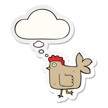 karikatür tavuk ve baskılı bir etiket olarak kabarcık düşünce