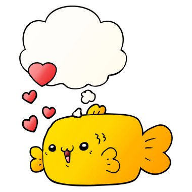 aşk kalpleri ve pürüzsüz düşünce balonu ile sevimli karikatür balık 