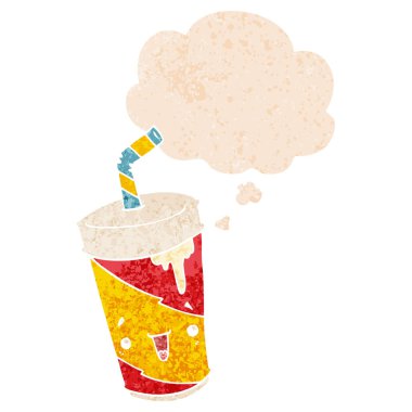 retro dokulu tarzında karikatür soda fincan ve düşünce balonu
