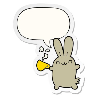 sevimli karikatür tavşan içme kahve ve konuşma kabarcık etiket