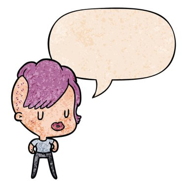 karikatür kız ve punk hipster saç kesimi ve retro konuşma balonu