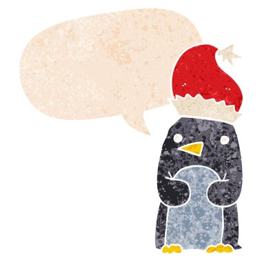 retro dokulu tarzı sevimli noel penguen ve konuşma balonu