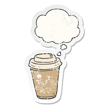 karikatür paket kahve fincanı ve sıkıntılı bir wo olarak kabarcık düşünce