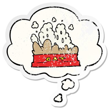 karikatür kedi maması ve sıkıntılı yıpranmış etiket olarak kabarcık düşünce