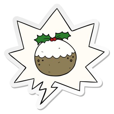 karikatür noel puding ve konuşma kabarcık etiket