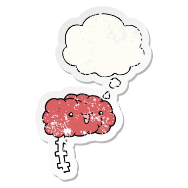 mutlu karikatür beyin ve sıkıntılı yıpranmış stic olarak kabarcık düşünce