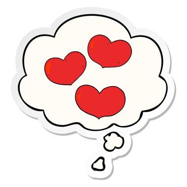 karikatür aşk kalpleri ve basılı bir etiket olarak kabarcık düşünce