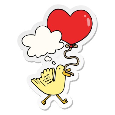 kalp balonu ile karikatür kuş ve baskılı olarak kabarcık düşünce 