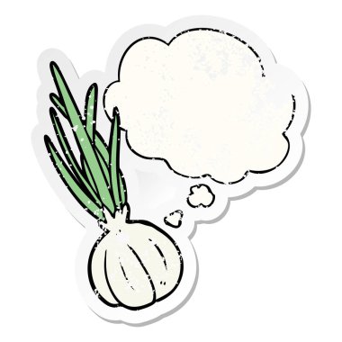 karikatür sarımsak ve sıkıntılı yıpranmış etiket olarak kabarcık düşünce