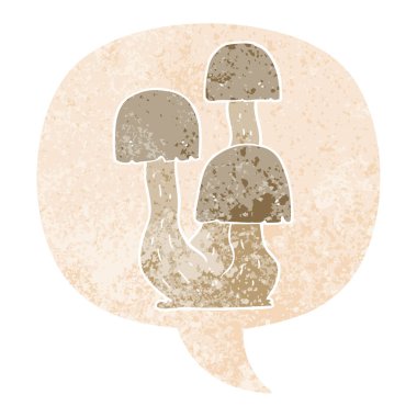 retro dokulu tarzda karikatür mantar ve konuşma balonu