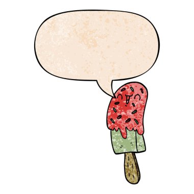 retro doku tarzında karikatür buz lolly ve konuşma balonu