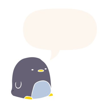 retro tarzında sevimli karikatür penguen ve konuşma balonu