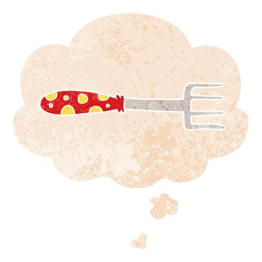 retro dokulu tarzda karikatür çatal ve düşünce balonu