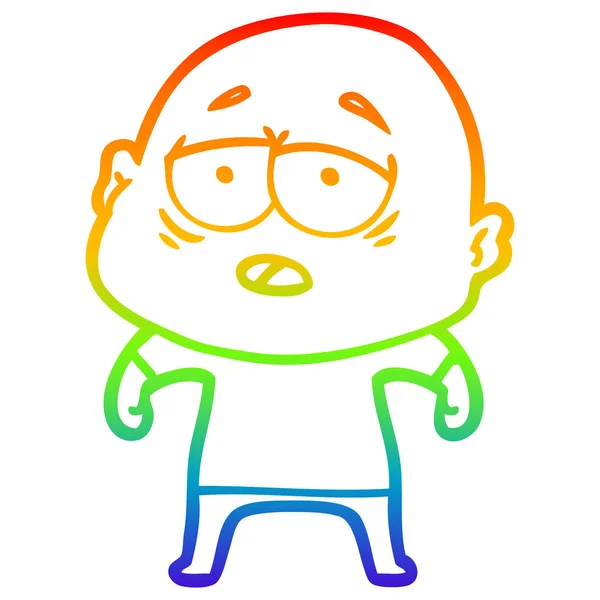 Regenboog gradiënt lijntekening cartoon moe kale man — Stockvector