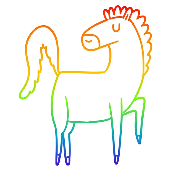Rainbow gradient line drawing happy cartoon horse — Stock Vector