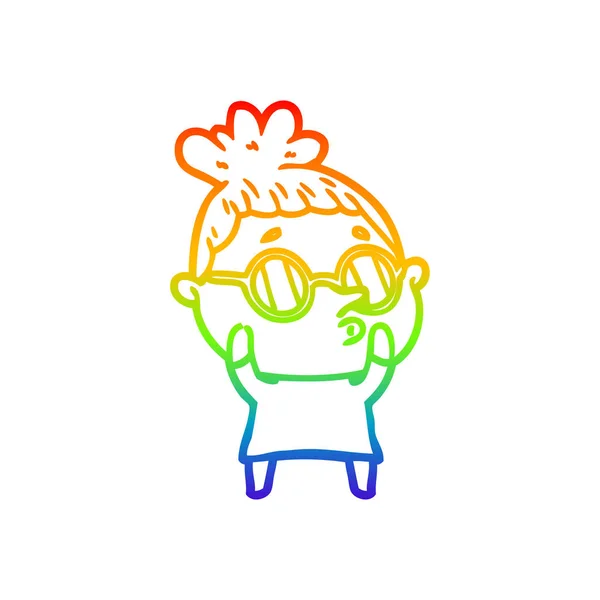 Rainbow Gradient Line Zeichnung Cartoon Frau mit Brille — Stockvektor