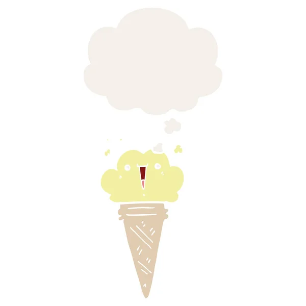 Crème glacée dessin animé avec visage et bulle de pensée dans un style rétro — Image vectorielle