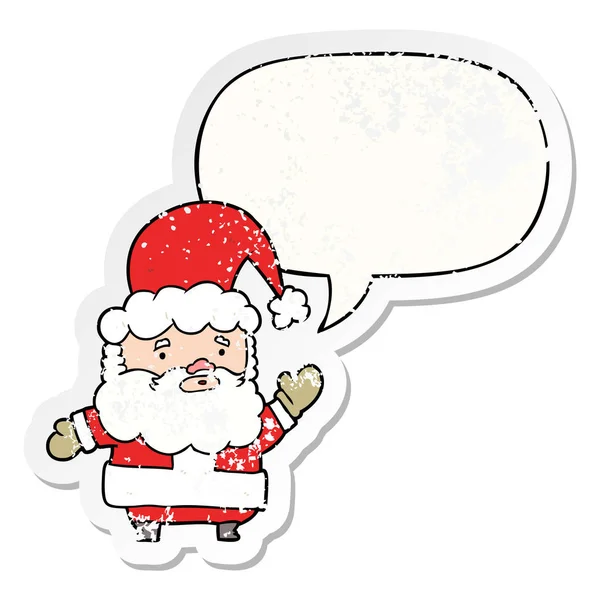 การ์ตูนซานตาคลอสโบกมือและการพูดฟองสติ๊กเกอร์ทุกข์ — ภาพเวกเตอร์สต็อก