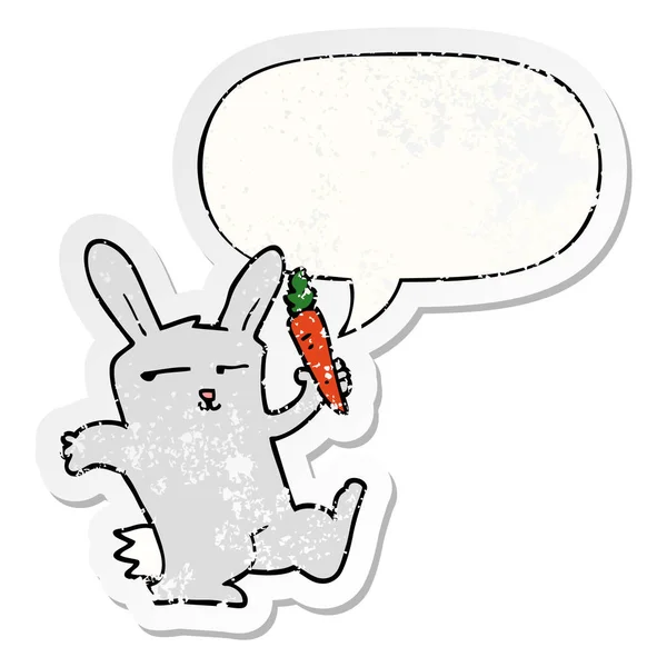 Cartoni animati coniglio e carota e adesivi bolla vocale angosciato — Vettoriale Stock