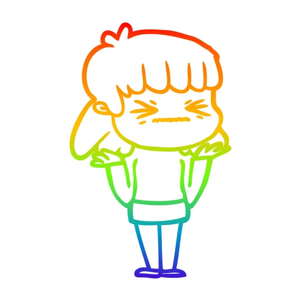 Rainbow gradient line drawing cartoon angry girl — Stock Vector
