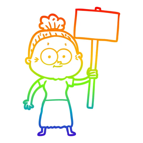 Linea gradiente arcobaleno disegno cartone animato felice vecchia donna — Vettoriale Stock