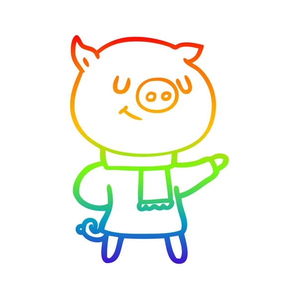 Regenbogen-Gradientenlinie zeichnet glückliches Cartoon-Schwein — Stockvektor