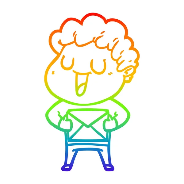 Rainbow gradient linje ritning skrattande tecknad man med paket — Stock vektor