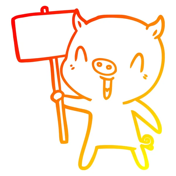 Chaud gradient ligne dessin heureux dessin animé cochon avec poteau signe — Image vectorielle