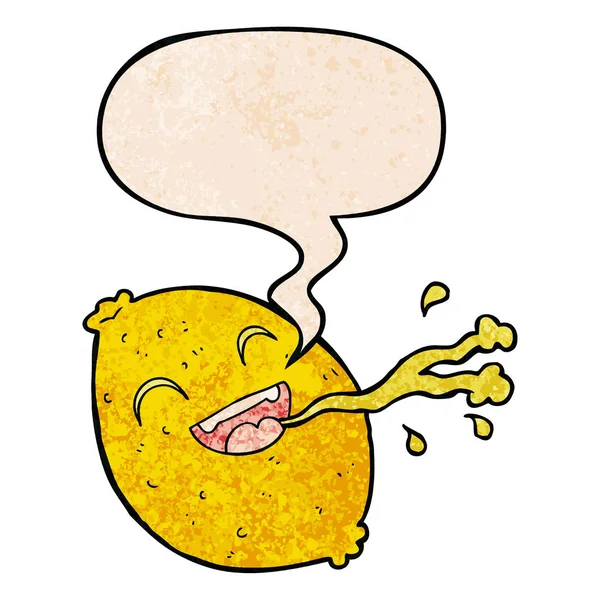 Dibujos animados chorros de limón y burbuja del habla en estilo de textura retro — Vector de stock