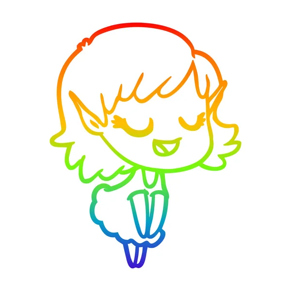 Linea gradiente arcobaleno disegno felice ragazza elfo cartone animato — Vettoriale Stock