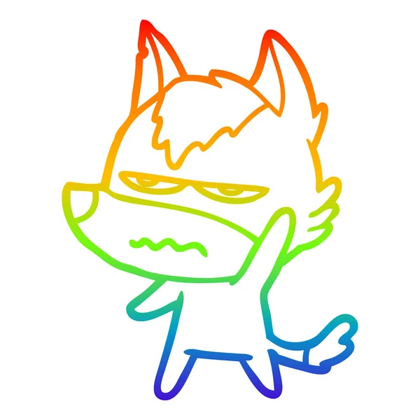 Arco-íris linha gradiente desenho desenhos animados lobo irritado — Vetor de Stock