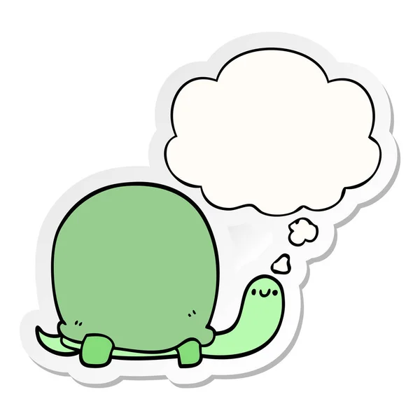 Linda tortuga de dibujos animados y burbuja de pensamiento como una pegatina impresa — Vector de stock