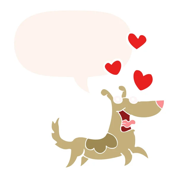 Καρτούν σκύλου και καρδιές αγάπης και φούσκα ομιλίας σε ρετρό στυλ — Διανυσματικό Αρχείο