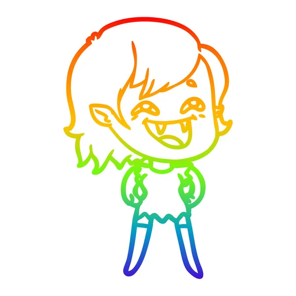 Arco iris gradiente línea dibujo dibujos animados riendo vampiro chica — Vector de stock