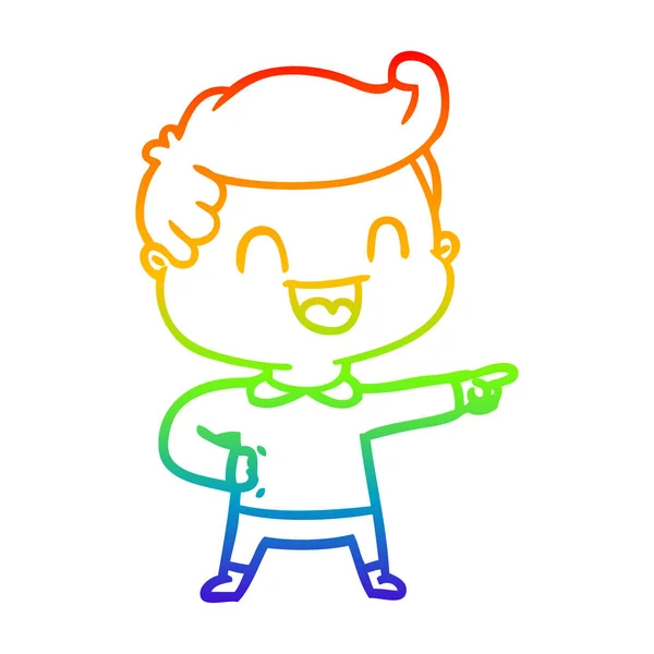 Regenboog gradiënt lijntekening cartoon gelukkig man pointing — Stockvector