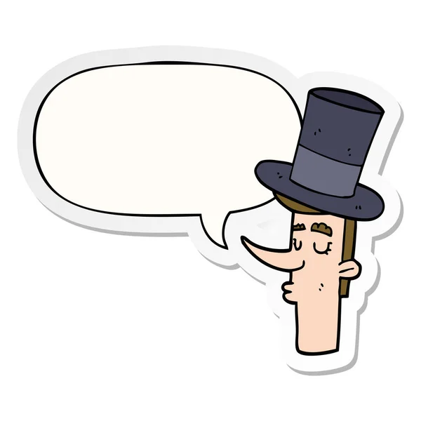 Cartoon man dragen van de bovenste hoed en toespraak bubble sticker — Stockvector