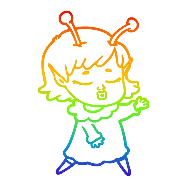 Rainbow gradient linje ritning söt Alien Girl Cartoon — Stock vektor