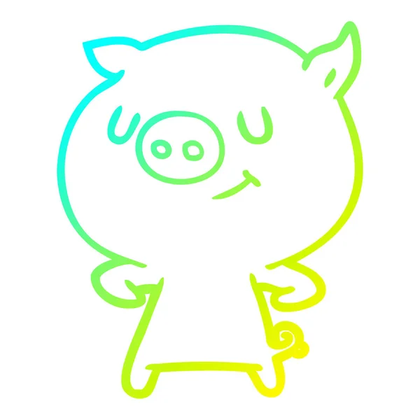 Cold gradient line drawing happy cartoon pig — Stock Vector