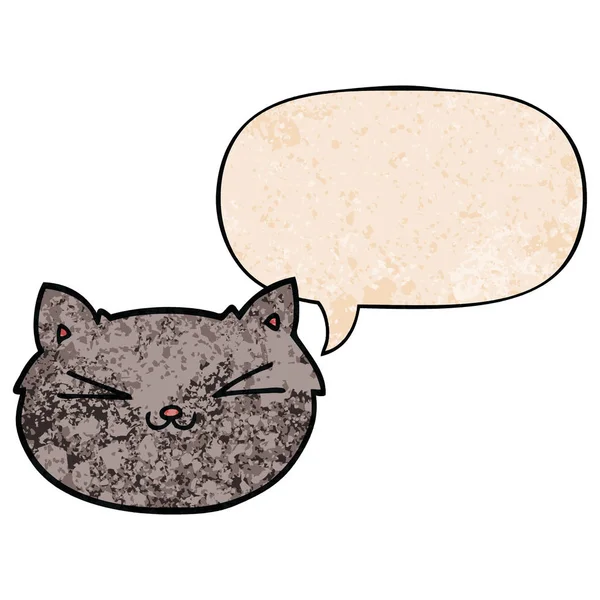 Feliz gato de dibujos animados y burbuja del habla en estilo de textura retro — Archivo Imágenes Vectoriales