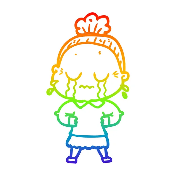 Rainbow gradient ligne dessin dessin animé pleurer vieille dame — Image vectorielle