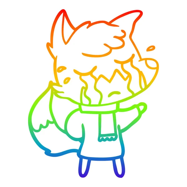 Rainbow gradient ligne dessin pleurer renard dessin animé — Image vectorielle