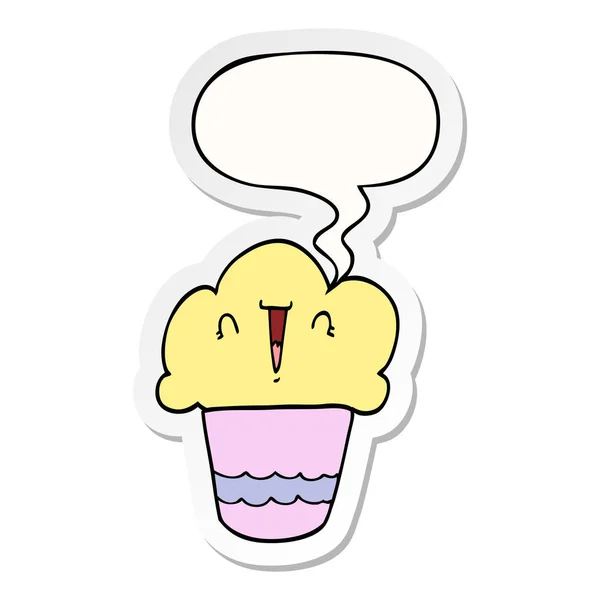 Cartoon cupcake en gezicht en toespraak bubble sticker — Stockvector