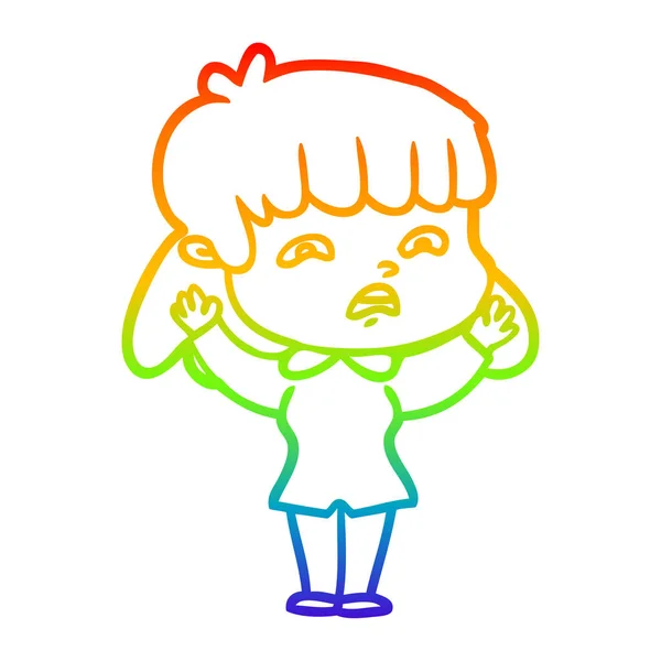 Regenboog gradiënt lijntekening cartoon bezorgde vrouw — Stockvector