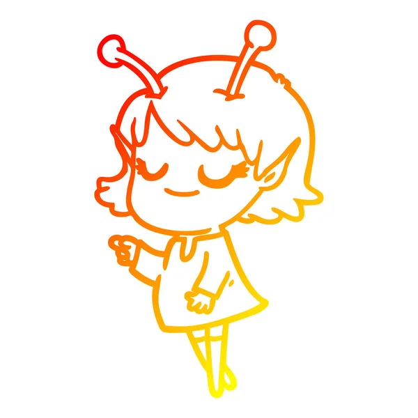 Linha gradiente quente desenho sorridente alienígena menina desenhos animados — Vetor de Stock