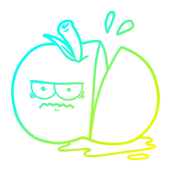 Froid dégradé ligne dessin dessin animé en colère tranché pomme — Image vectorielle