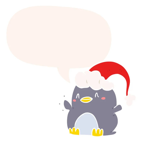 Pingüino de dibujos animados con sombrero de Navidad y burbuja del habla en retro — Vector de stock