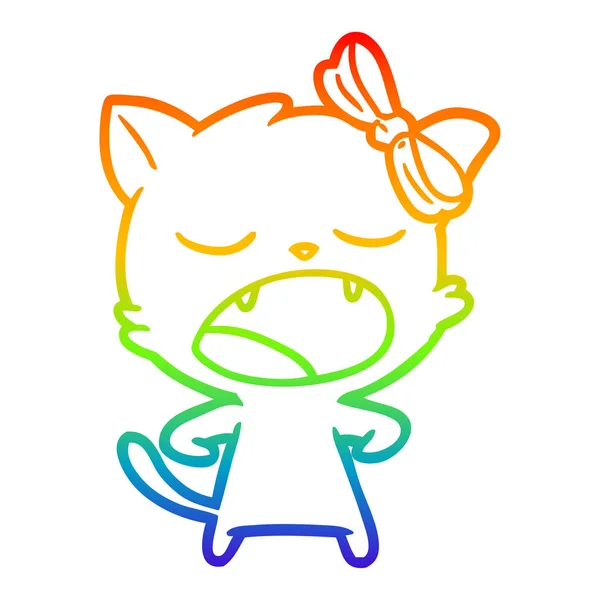 Rainbow gradient linje ritning Cartoon gäspningar katt — Stock vektor