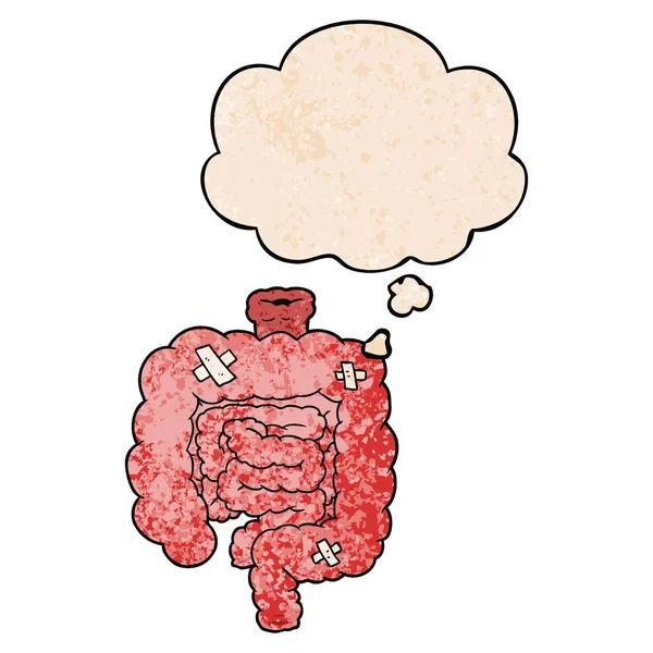 Dibujos animados intestinos reparados y burbuja de pensamiento en textura grunge — Archivo Imágenes Vectoriales